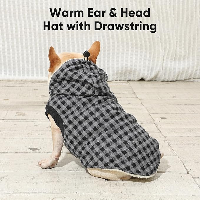 Fleece Lining Dog Hoodie for Small Dogs Extra Warm Plaid Sweater with Drawstring Hooded Coats in Winter Puppy Jacket,Black S