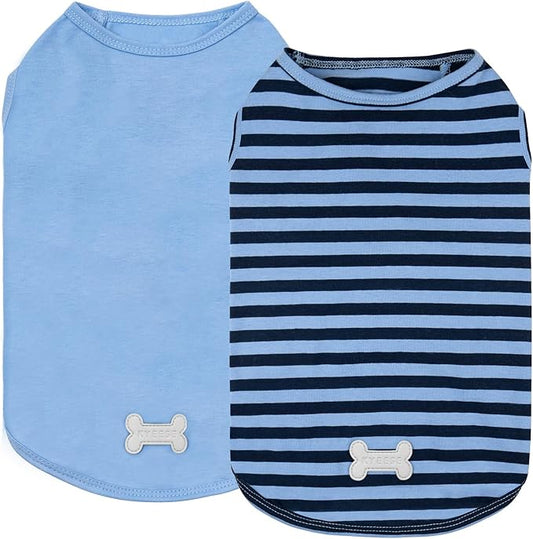 KYEESE 2Pack Dog Shirts Small Tee Soft for Small Dogs Striped T Shirt Lightweight Sleeveless Vest Cotton Tank Top Clothes, Large,Dark Blue+Striped
