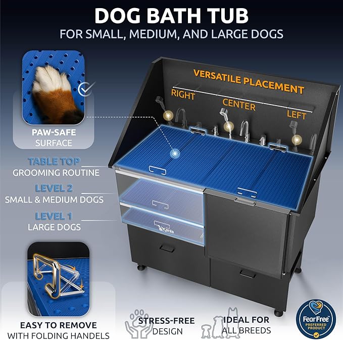KANIS Black Line Professional Dog Washing Station - 304 Stainless Steel Pet Wash Sink & Grooming Bathtub w/Shower, Floor Grates and Storage for Large, Medium & Small Pets (50", 2 Drawers - Right Ramp)