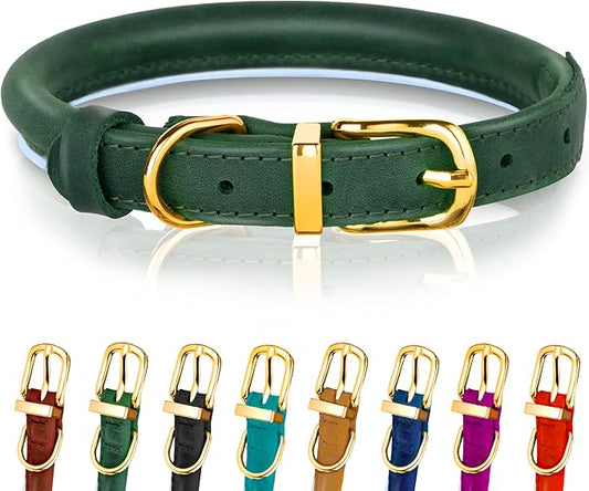 OOPSDOGGY Reflective Rolled Leather Dog Collar Adjustable Soft Padded Pet Collar for Small Medium Large Breed Dogs (Green, L, 14"-18")