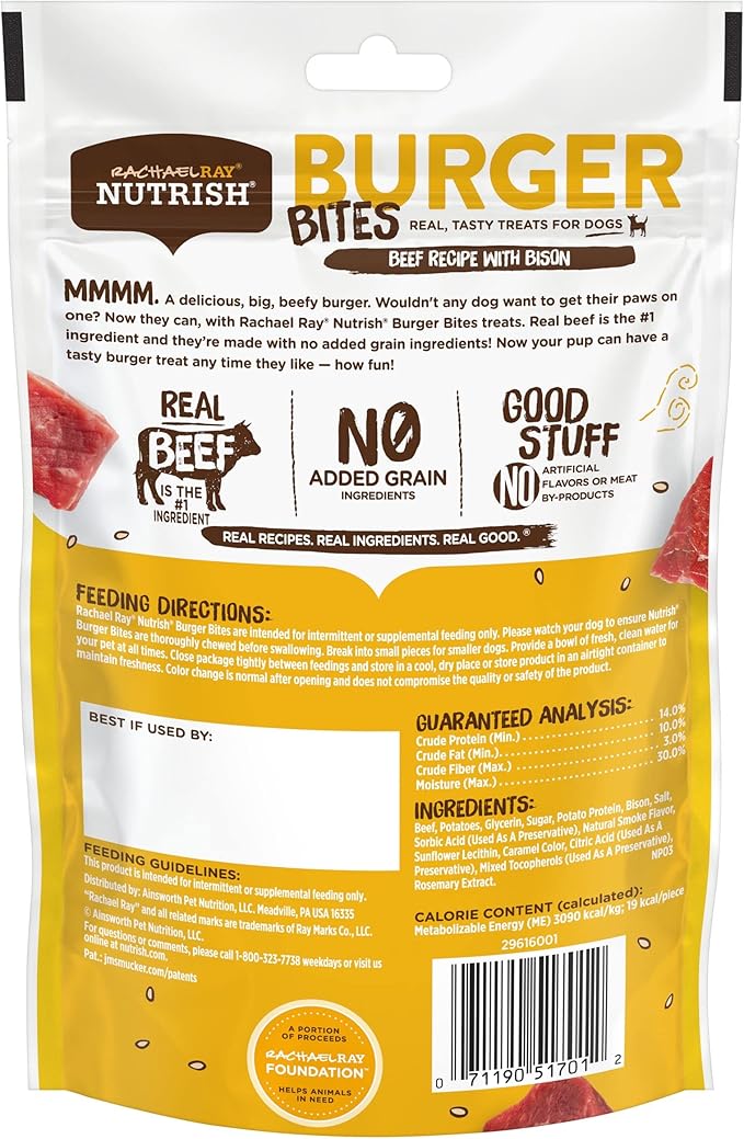 Nutrish Rachael Ray Burger Bites Dog Treats, Beef Recipe with Bison, 5 oz. Pouch, 5 Count