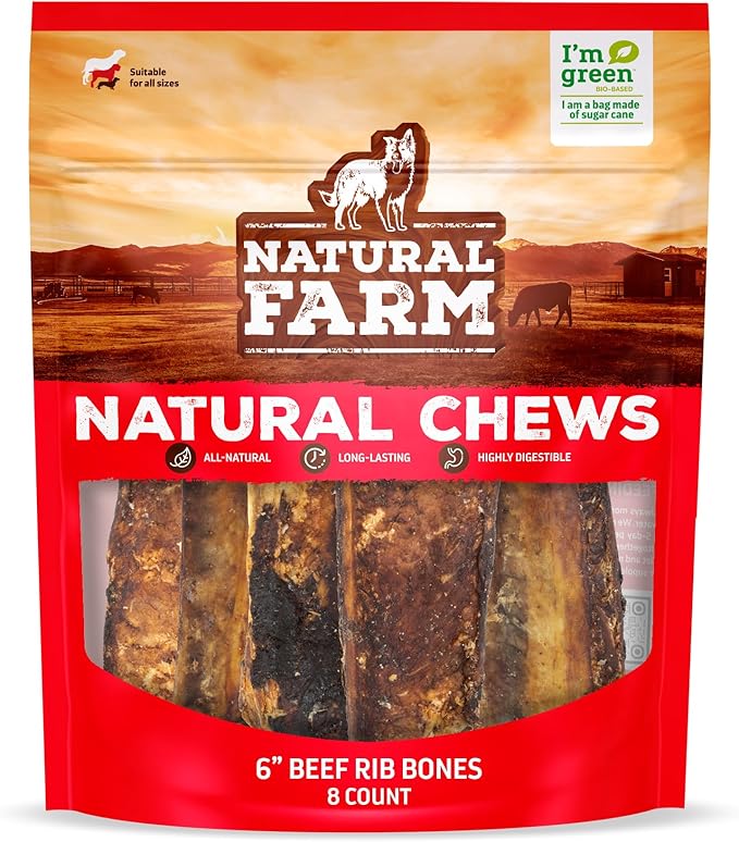 Natural Farm Rib Bones for Dogs (6 Inch, 8 Pack) - Beef Ribs for Dogs, Farm-Raised Cattle - Slow-Roasted Flavor - Low Odor for Indoor, Outdoor Chewing - Promotes Dental Health