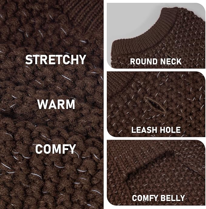 KYEESE Dog Sweater with Leash Hole for Small Dogs Male Warm Pullover with Reflective Yarn Soft Knit Pullover Boy Dog Coats Cozy Lightweight Thick Sweater Pet Indoor Outdoor Wear,Khaki,Small