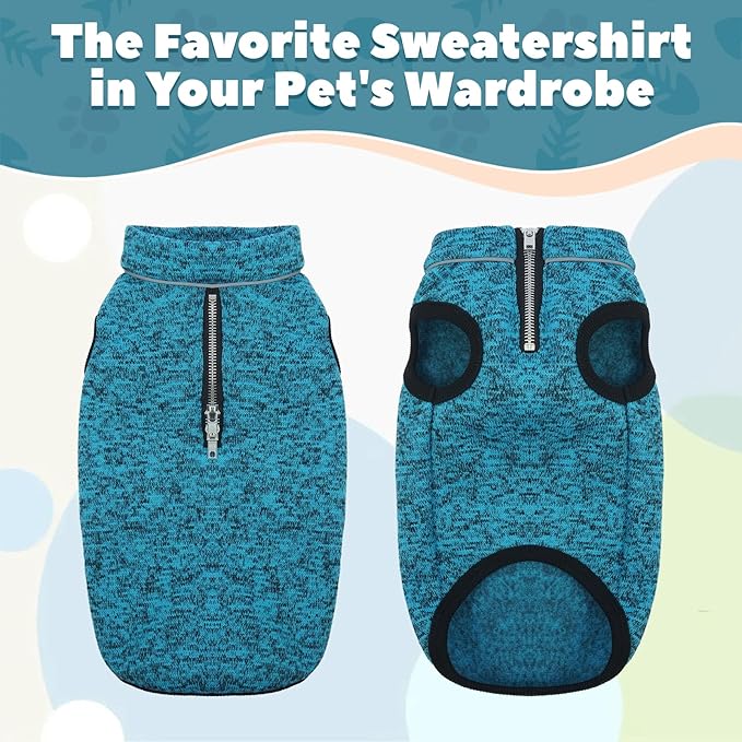 ROZKITCH Dog Sweater for Large, Warm Winter Jacket with Fleece Lining, Knit Vest with Zipper Opening for Harness, Adjustable Neck Reflective Pet Jacket Outdoor Walking Blue XL