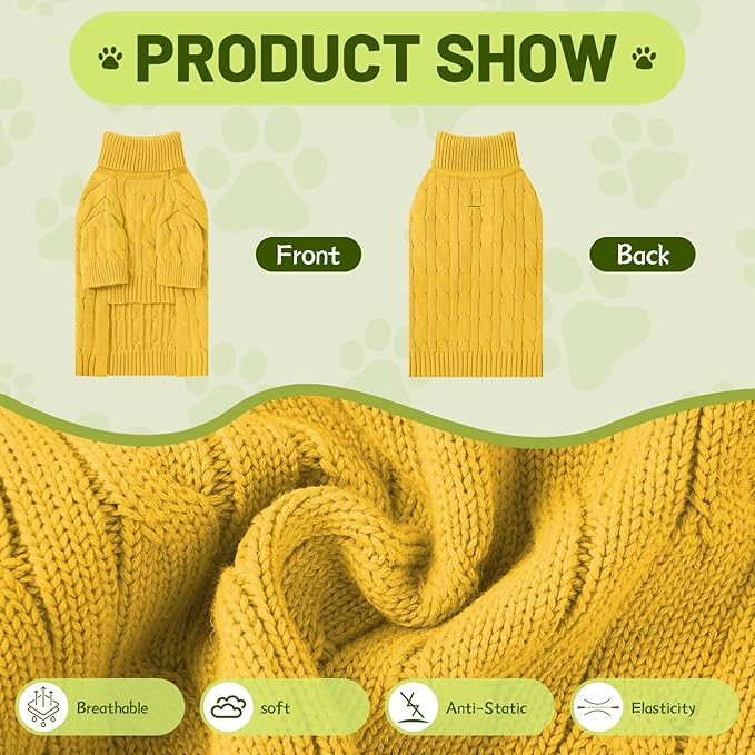 Small Dog Thermal Pullover Sweater, Classic Turtleneck Cable Knitwear Dog Clothes for Cold Weather Warm Pet Clothes for Chihuahua, Bulldog, Dachshund, Pug Yellow X-Large