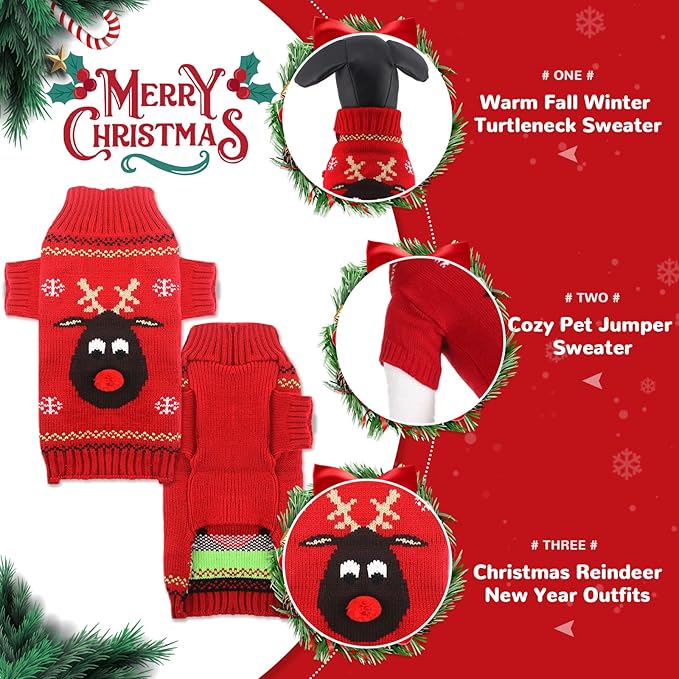PETCARE Dog Christmas Sweater Red Ugly Funny Cute Cartoon Reindeer Cat Sweaters Jumper Holiday Dog Clothes Puppy Sweaters for Small Medium Large Dogs Fall Winter Outfits Xmas Dogs Costume,XX-Small