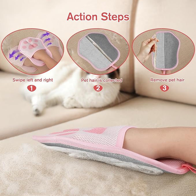 Pet Hair Removal Gloves for Cats & Dogs, 1 Pcs With Hanging Hooks, size 9.8 x 7.87 x 0.5 in, Reusable Electrostatic Pet Hair Gloves, Pet Hair Glove for Clothes, Sofas, Carpets, Car Seats (Pink)