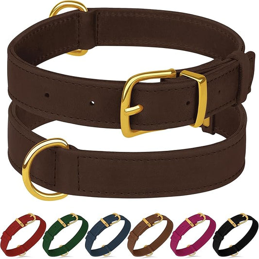 Leather Dog Collar - Heavy Duty Adjustable Soft Padded Pet Collars for Small Medium Large Dogs Breed - Black Green Brown Pink Red Blue (Brown, M, 12"-15" Neck Fit)