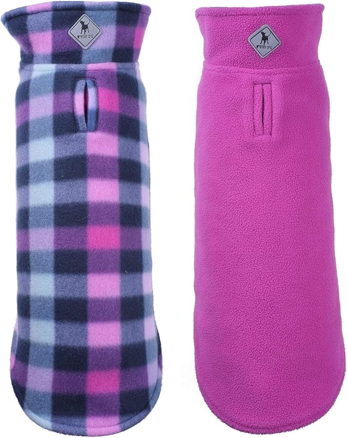 The Worthy Dog Fargo Fleece Check Dog Jacket, Adjustable Reversible with Harness Hole, Wind-Resistant, Winter Outdoor Clothes for Pets, Purple - 26''