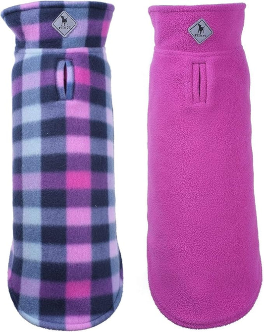 The Worthy Dog Fargo Fleece Check Dog Jacket, Adjustable Reversible with Harness Hole, Wind-Resistant, Winter Outdoor Clothes for Pets, Purple - 8''