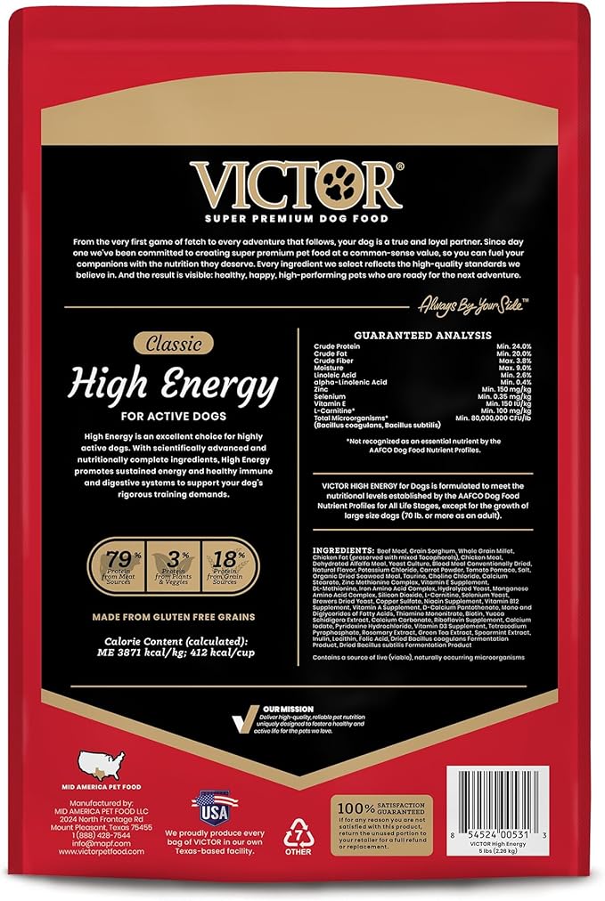 VICTOR Super Premium Dog Food – High Energy Dry Dog Food for Active Dogs – Gluten Free Canine Kibble with Beef and Chicken Meal Proteins for Sporting Dogs – All Breeds and All Life Stages, 5 lb