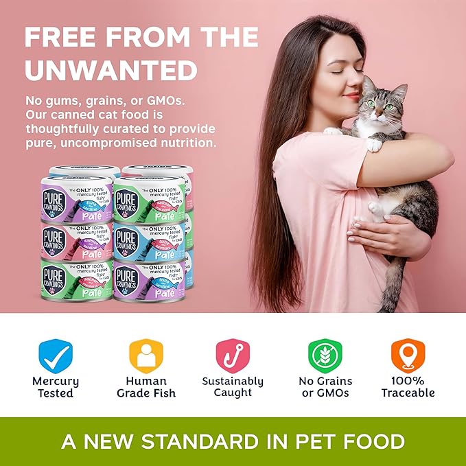 Pure Cravings Pate, Canned Wet Cat Food, 100% Mercury-Tested, Moist Can Fish, Grain-Free Protein, Non-GMO, Variety Pack of 12-3X Tuna/Salmon, 3X Tuna/Pumpkin, 3X Tuna/Sardine, 3X Salmon/Sardine