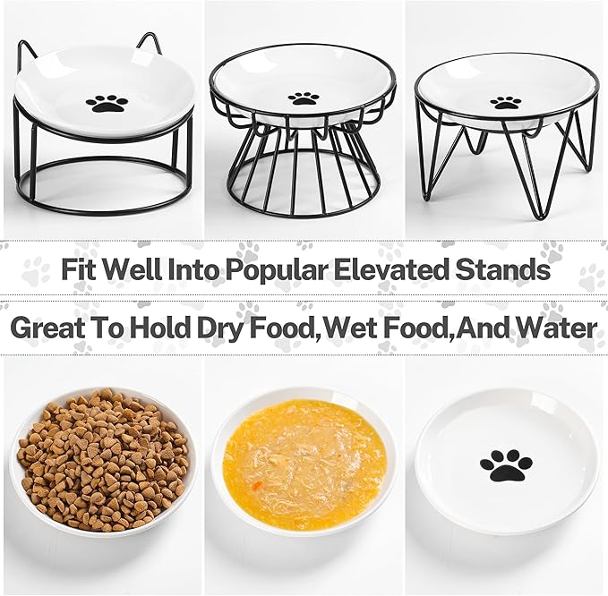 Cat Food Bowls, Whisker Friendly Ceramic Cat Bowls with Nonslip Silicone Bottom, Pack of 3 Quiet Cat Dishes and Plates for Feeding Indoor Cats, Kittens and Small Dogs(Cat Paw)