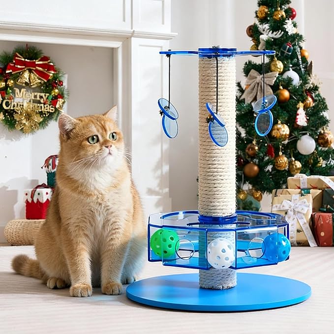 Modern 3-in-1 Interactive Cat Toy with Scratching Post, Rotating Cat Puzzle Toys for Indoor Cats with Colorful Jingle Balls, Spinning Teaser Disc with Dangling Toys, Acrylic, Blue