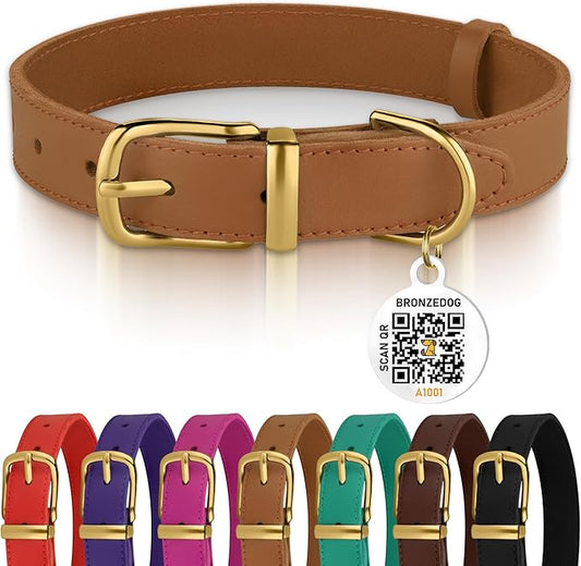 BRONZEDOG Leather Dog Collar with Metal Buckle Durable Basic Pet Collars for Small Medium Large Dogs (14-17 Inch (Pack of 1), Light Brown & Gold Buckle)