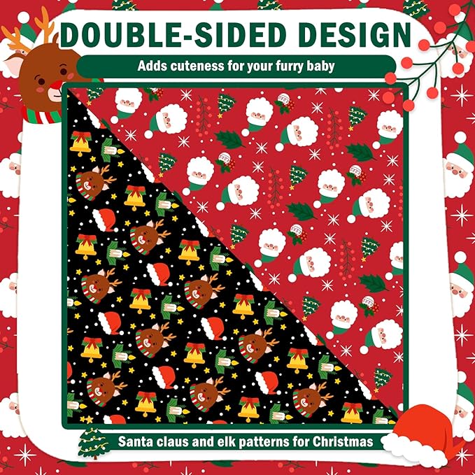 SCENEREAL Christmas Dog Bandanas 2 Pack, Puppy Xmas Santa Claus Elk Triangle Bibs Handkerchief, Reversible Holiday Dog Bandana for Boy and Girl, Premium Pet Scarf for Small Medium Large Dogs L