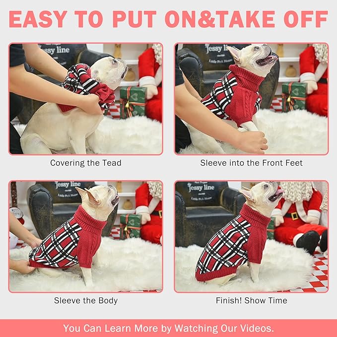 SCENEREAL Turtleneck Dog Sweater for Small Medium Large Dogs Girls Boys, Christmas Plaid Pullover Puppy Sweatershirt, Dogs Cold Weather Outfit Clothes, Ideal Gift for Pet in New Year, Pink Plaid S