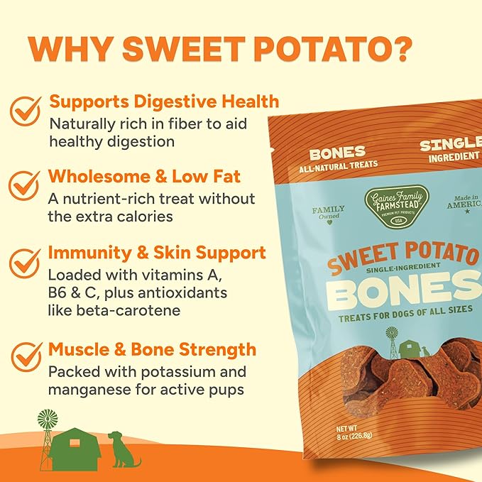 Gaines Family Farmstead Sweet Potato Dog Bones – 32 oz Bag, All-Natural, Single Ingredient, Grain-Free Dog Treats for Digestive Health, High Fiber - Training & Rewards, Made in USA