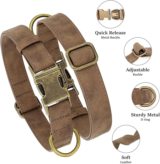 Didog Soft PU Leather Dog Collar, Stylish Quick Released Dog Collars for Medium Dogs, Easy Clean Adjustable Pet Collar for Daily Walking, Brown, M Fit 13-21" Neck