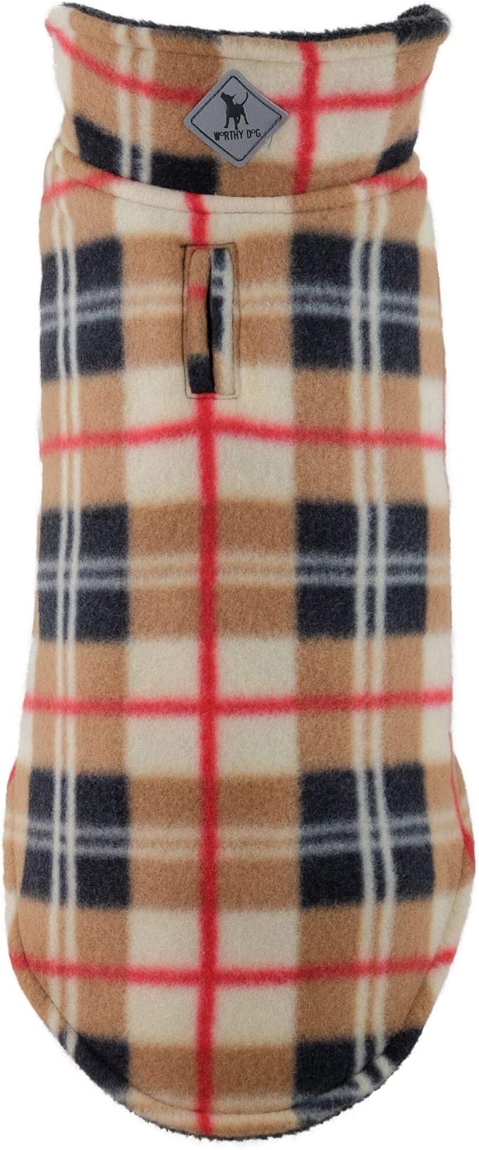 The Worthy Dog Fargo Fleece Check Dog Jacket, Adjustable Reversible with Harness Hole, Wind-Resistant, Winter Outdoor Clothes for Pets, Tan - 20''