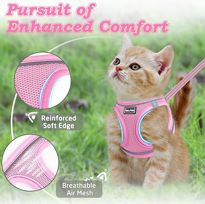Cat Harness and Leash for Walking Escape Proof, Adjustable Kitten Vest Harness Reflective Soft Mesh Puppy Harness for Outdoor, Comfort Fit, Easy to Control (NPink, S)