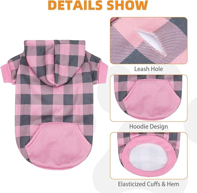 KOOLTAIL Plaid Dog Hoodie Pet Clothes Sweater with Hat and Pocket for Small Medium Large Size Dogs, Soft Winter Warm Dog Cold Weather Coat, Fleece Fall Dog Hooded Sweatshirt for Puppy Cats,Pink XL/XXL