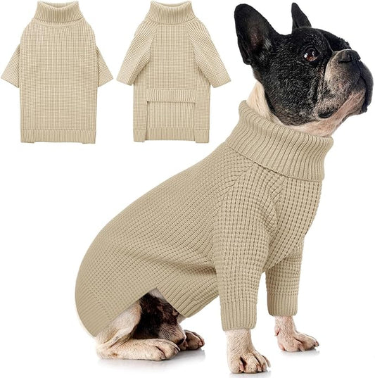 Queenmore Dog Sweaters for Medium Dogs Girl, Waffle Knit Dog Sweater with Long Sleeve, Doggie Kintsweaters, Cat Christmas Sweaters, Apricot M