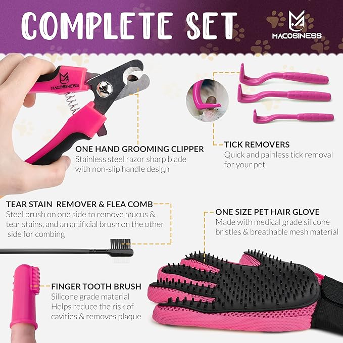 Pet Grooming Hammock for Nail Trimming - Complete Groomers Helper Set for Pet - Dog Grooming Hammock with Hook - Cat Nail Clipper - Dog Hammock for Nail Clipping (L, Purple with Gold Paws)