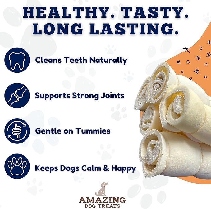 Amazing Dog Treats - Beef Cheek Rolls (Mega Thick 5-6" - 8 Pcs) - Safe Rawhide Alternative Dog Chew - Great for Power Chewers - Long Lasting Dog Chew - Retriever Rolls for Dogs