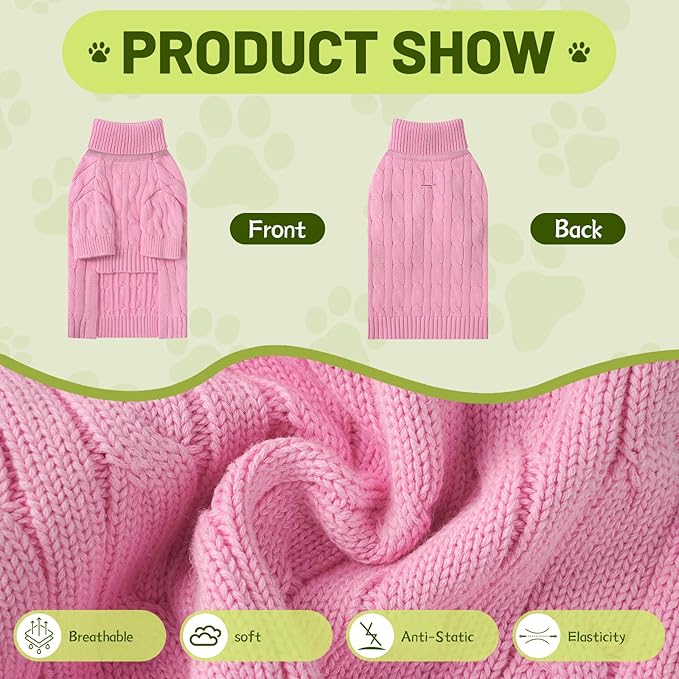 Small Dog Thermal Pullover Sweater, Classic Turtleneck Cable Knitwear Dog Clothes for Cold Weather Warm Pet Clothes for Chihuahua, Bulldog, Dachshund, Pug Pink X-Large