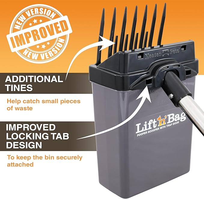 Neater Pet Brands Lift N’ Bag 2.0 Dog Pooper Scooper with Bag Attachment & 27" Pole for Small to Large Dogs, New & Improved Design, 60 Refill Bags, Heavy Duty Dog Poop Scooper for Yard, One-Hand Use