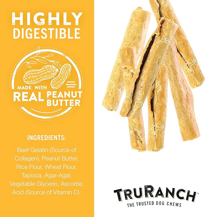 TRURANCH Collagen Rolls - 6" Collagen Rolls for Dogs - Long Lasting Healthy Joint Support - Rawhide Alternative - Skin & Coat Health - Made with Real Peanut Butter, Value Pack, 15 Bags, 60 Count