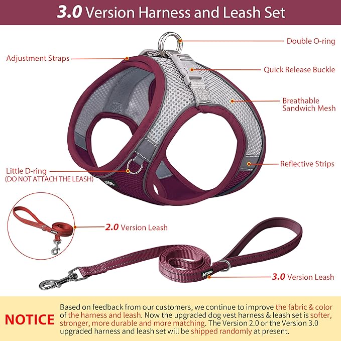 AIITLE Step in Dog Harness and Leash Set - Summer No Pull Escape Proof Vest Harnesses with Soft Mesh and Reflective Bands, Adjustable Pet Outdoor Harnesses for Small and Medium Dogs Burgundy M