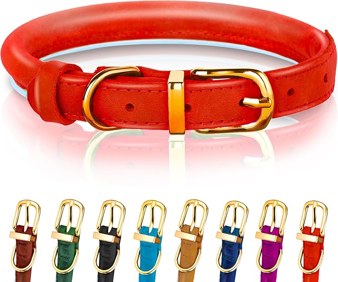 OOPSDOGGY Reflective Rolled Leather Dog Collar Adjustable Soft Padded Pet Collar for Small Medium Large Breed Dogs (Red, XS, 8"-11")