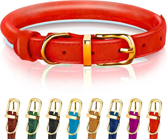 OOPSDOGGY Reflective Rolled Leather Dog Collar Adjustable Soft Padded Pet Collar for Small Medium Large Breed Dogs (Red, XXL, 20"-24")