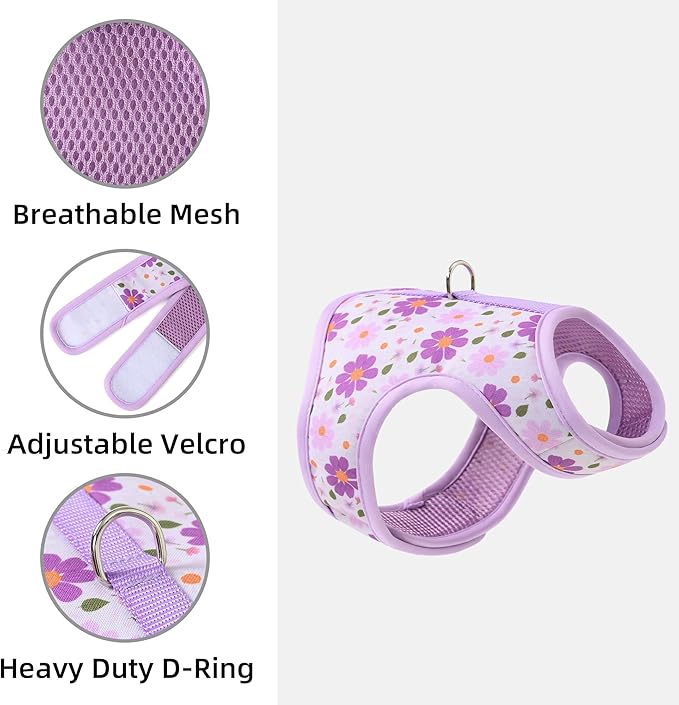 Mile High Life Dog Harness, Air Mesh Floral Vest Harness for 20 lbs Small Dogs & Cats, Easy Get on Adjustable Easy Closures Both Neck and Chest(Purple Flower, XS Chest 14"-16")