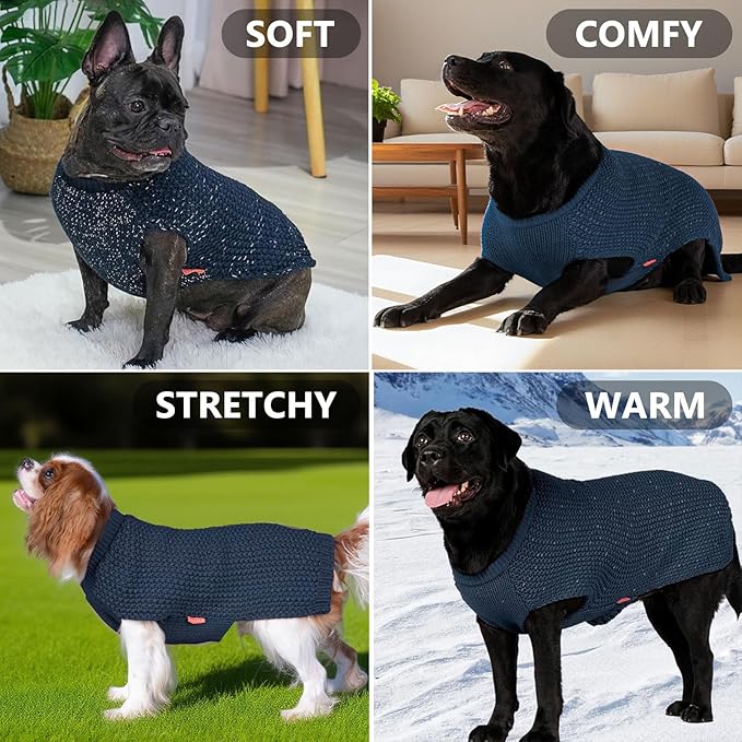 KYEESE Dog Sweater with Leash Hole Warm Pullover with Reflective Yarn for Small and Medium Dogs Male Soft Knit Pullover Boy Dog Coats Cozy Lightweight Thick Sweater,Navy Blue,Medium