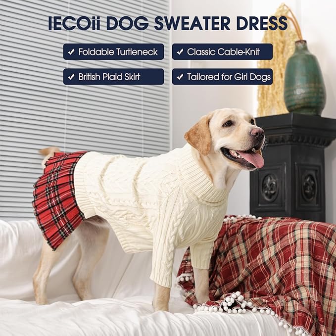IECOii Girl Dog Sweater Dress - Cable Knit Dog Sweater for Medium Dogs Girl, Beige,Large - Turtleneck Winter Sweaters with Leash Hole, Soft & Stretchy Adorable Dress for Thanksgiving Christmas Photo
