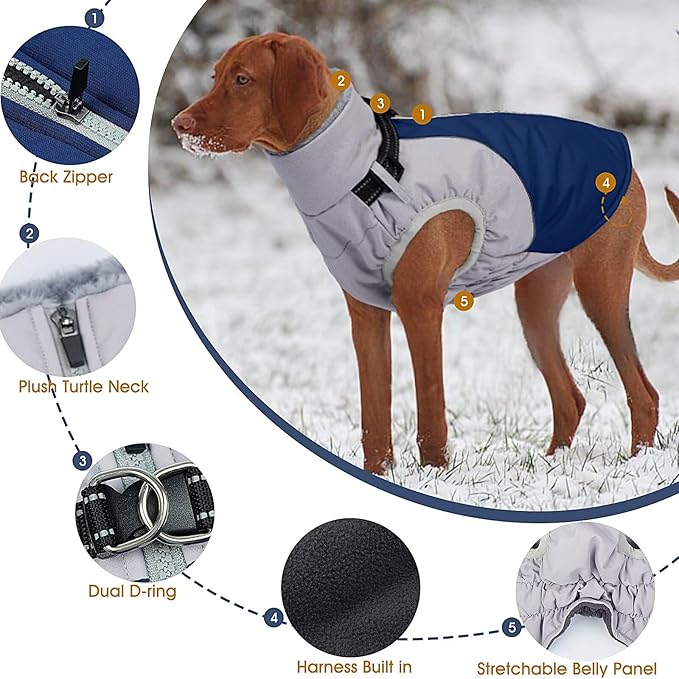 Dog Coat,Water-Repellent Dog Winter Jacket with Adjustable Buckle,Reflective Turtleneck Pet Snow Vest Dogs,Warm FleeceDog Winter Coat Cold Weather Jacket with Harness Built-in,Blue,M