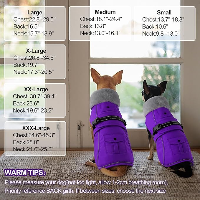 Dogcheer Dog Coat with Pocket, Waterproof Dog Jacket with Adjustable Buckle, Reflective Puppy Winter Coat Warm Turtleneck Fleece SnowJacket for Small Medium Large Dogs - Purple XL