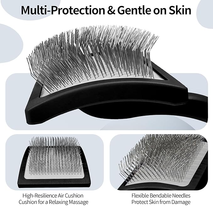 Pet Slicker Brush for Long & Short Hair - Detangling Tool for Dogs & Cats - 135° Angled Stainless Steel Pins, Curved Handle - Gentle Grooming for Small/Medium/Large Breeds (Black)