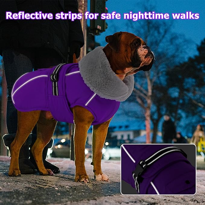 Dogcheer Dog Coat with Pocket, Waterproof Dog Jacket with Adjustable Buckle, Reflective Puppy Winter Coat Warm Turtleneck Fleece SnowJacket for Small Medium Large Dogs - Purple XL