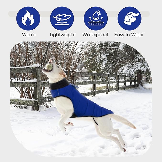 IDOMIK Dog Winter Coat, Warm Waterproof Dog Puffer Jacket with Harness Hole, Adjustable Reflective Snow Jacket Vest with Turtleneck, Pet Cold Weather Coats for Large Dogs,Blue,3XL