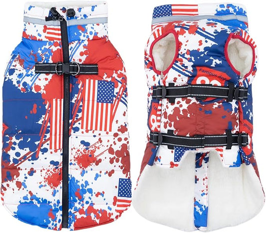 Large Dog Coat with Harness Built-in, Waterproof Reflective Fleece Lined - Warm Windproof Winter Jacket with Back Zipper, Cold Weather Snow Dog Coats - Flag - 3XL