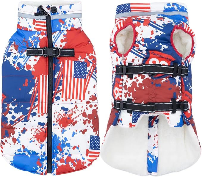 Large Dog Coat with Harness Built-in, Waterproof Reflective Fleece Lined - Warm Windproof Winter Jacket with Back Zipper, Cold Weather Snow Dog Coats - American Flag - XL