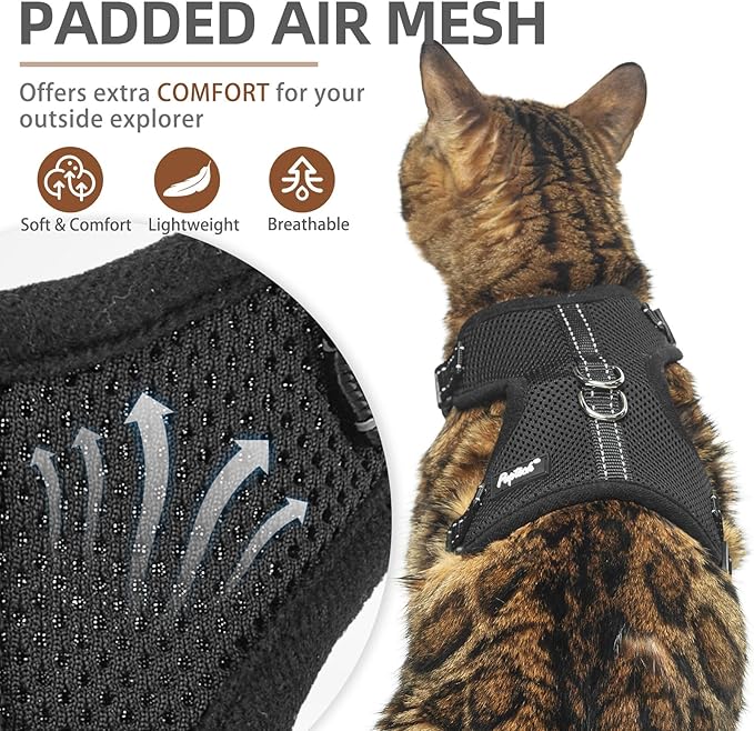 PUPTECK Cat Harness and Leash Set Escape Proof, Reflective Adjustable Soft Mesh Kitten Vest Harness for Walking Travel, Black, M