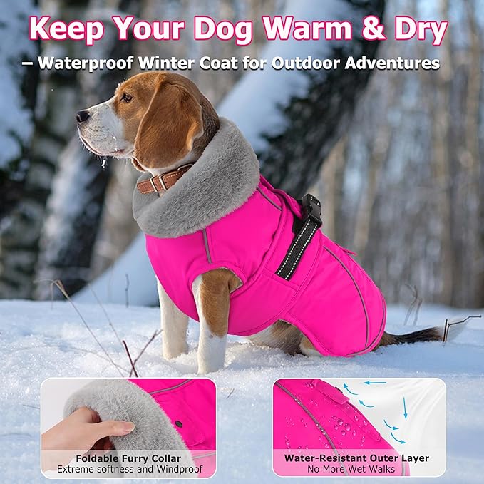 Dogcheer Dog Coat with Pocket, Waterproof Dog Jacket with Adjustable Buckle, Reflective Puppy Winter Coat Warm Turtleneck Fleece SnowJacket for Small Medium Large Dogs - Pink XL