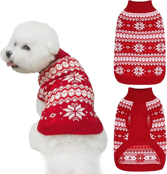 KOOLTAIL Cable Knit Small Dog Sweater Turtleneck, Cold Weather Pullover Classic Knitwear with Leash Hole, Snowflake Pattern Thick Warm Winter Pet Clothes, Medium Dog Christmas Sweater, Red S