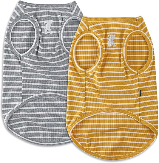Koneseve Dog Shirt Vest Lightweight Stretchy Dog T-Shirts Soft Cool Shirts Sleeveless Stripe Vests Breathable Clothes for Puppy Kitty Cats Small Medium Large Dogs 2 Pack Yellow + Light Grey [ 4XL ]