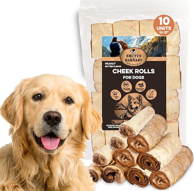 Premium Beef Cheek Rolls for Dogs 10-12" - (10-Pack), Peanut Butter Flavored Long Lasting, Safe & Natural Rawhide Alternative Chews, Ideal for Large Dogs & Aggressive Chewers, Supports Dental Health